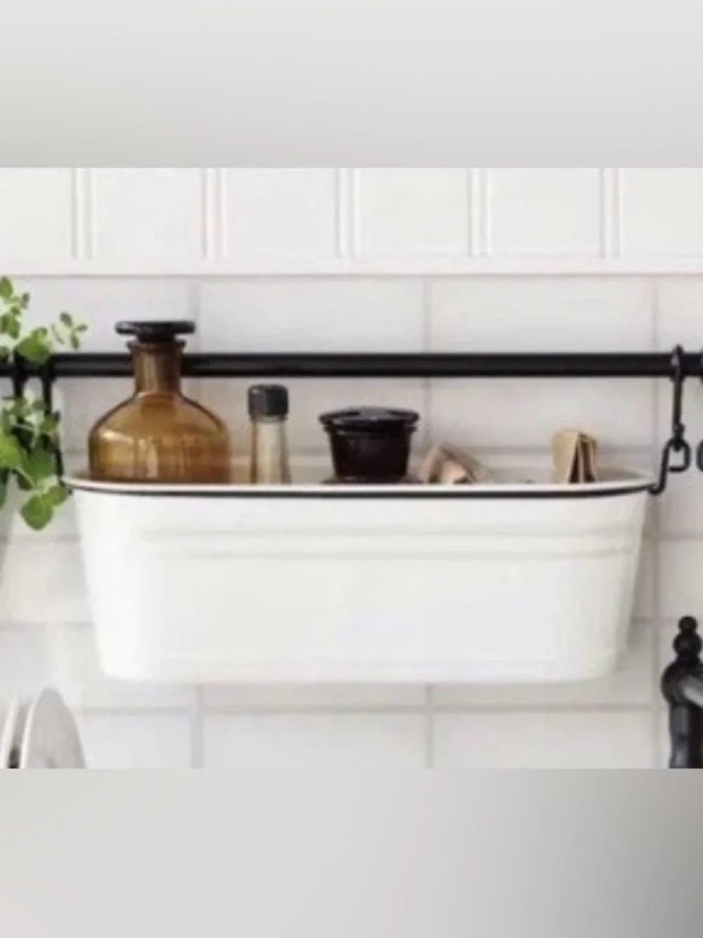 IKEA White Enamel finish ~Wall-Mount Planter with brushed Silver Rail & Hooks